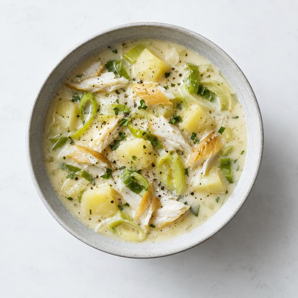 Cullen skink in a grey bowl, from above