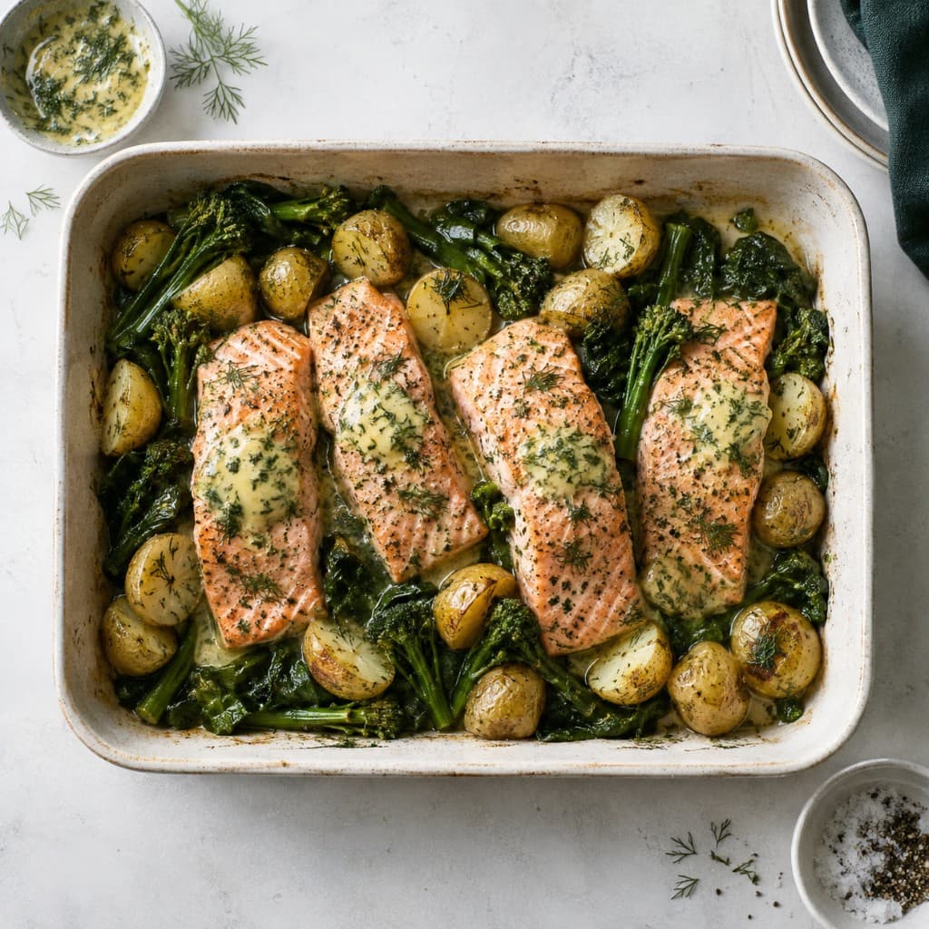 Salmon traybake with potatoes and dill
