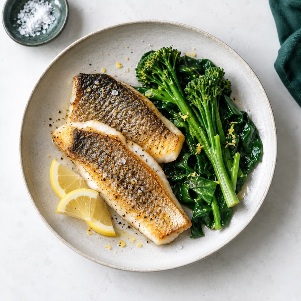 Seared sea bass with greens and lemon